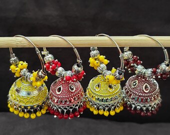 Big Silver Jhumka Hoop Earrings, Indian Jewelry, Painted Jhumkas, Statement Earrings, Bollywood Earrings, Hoops with Jhumka, Pearl Hoop