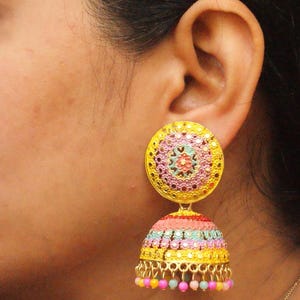Multicolor Painted Gold Jhumka, Indian Jewelry, Big Bridal Jhumka, Oversized Earrings, Bollywood Earrings, Statement Earrings STYLM1
