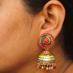 Multicolor Painted Gold Jhumka, Indian Jewelry, Big Bridal Jhumka, Punjabi Jhumka Earrings, Bollywood Earrings, Statement Earrings STYLM2