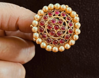 White Pearl Gold Jhumka , South Indian Jewelry, Round Stud Jhumka Earrings, Bollywood Earrings, Kemp Temple Jhumka, Partywear Jhumka