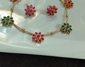Kerala Kempu Stone Choker Set, Trending Antique South Indian Bridal Jewelry, Light Weight Gold Temple Necklace with Jhumka Earrings, S3