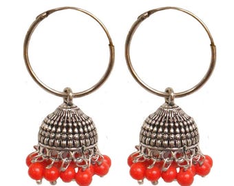 Small Silver Jhumka Hoop Earrings, Indian Jewelry, Pearl Jhumkas, Light Jhumka, Bollywood Earrings, Hoops with Jhumka, Oxidized Jhumka
