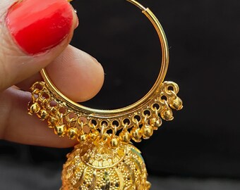 Big Gold Plated Jhumka Hoop Earrings, Indian Jewelry, Indian Gold Jhumkas, Statement Earrings, Bridal Jhumka Earrings, Hoops with Jhumkas S3