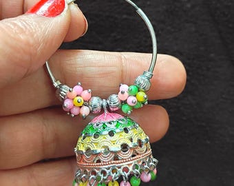 Multicolor Silver Jhumka Hoop Earrings, Indian Jewelry, Painted Pearl Jhumkas, Statement Earrings, Bollywood Earrings, Hoops with Jhumka