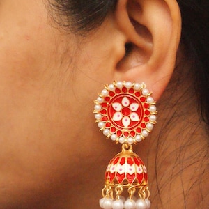 Meenakari Gold Jhumka, Indian Jewelry, White Pearl Jhumka,Painted Enamel Jhumka, Statement Earrings, Bollywood Earrings, Light Jhumkas