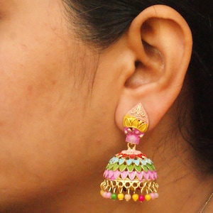 Multicolor Painted Gold Jhumka, Indian Jewelry, Big Bridal Jhumka, Punjabi Jhumka Earrings, Bollywood Earrings, Statement Earrings STYLM3