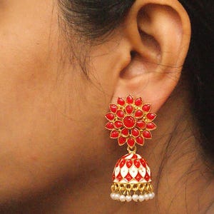 Kundan Meenakari Gold Jhumka, Indian Jewelry, White Pearl Jhumka,Painted Jhumka, Multicolor Earrings, Bollywood Earrings, Light Jhumkas