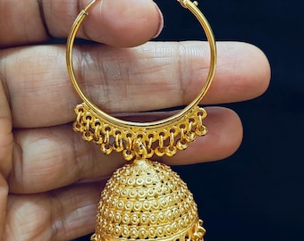 Big Gold Plated Jhumka Hoop Earrings, Indian Jewelry, Indian Gold Jhumkas, Statement Earrings, Bollywood Earrings, Hoops with Jhumkas E1
