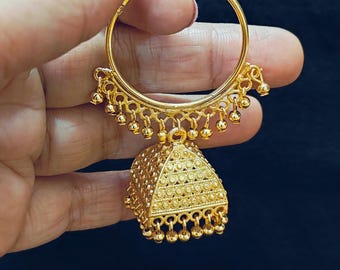 Big Gold Plated Jhumka Hoop Earrings, Indian Jewelry, Indian Gold Jhumkas, Statement Earrings, Bollywood Earrings, Hoops with Jhumkas E2