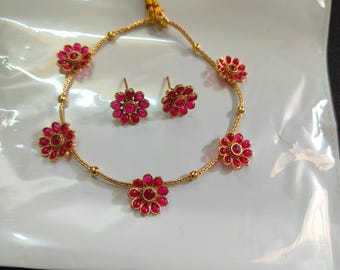 Kerala Kempu Stone Choker Set, Trending Antique South Indian Bridal Jewelry, Light Weight Gold Temple Necklace with Jhumka Earrings, S7
