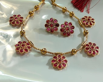 Kerala Kempu Stone Choker Set, Trending Antique South Indian Bridal Jewelry, Light Weight Gold Temple Necklace with Jhumka Earrings, S6