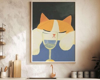 Stampa artistica Wine Cat: decorazione retrò per carrello bar in stile Mid-Century Modern (download digitale)
