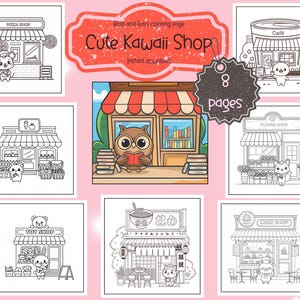 Cute Kawaii Shops Coloring Book, Coloring Pages to Relax and Unwind, Gift Giving, Digital Download, Kawaii Housing Coloring,Coloring for kid