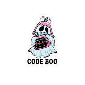 May include: A sticker featuring a cartoon ghost dressed as a nurse, wearing a pink wig and a surgical mask. The ghost is holding a pink heart monitor. The text "CODE BOO" is printed in black below the ghost.