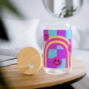 Rainbow Smiley Face Checkered Sipper Glas, 16oz Iced Coffee Cup with Lid & Straw, Cute Retro Aesthetic Tumbler