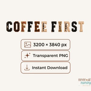 Kaffe First PNG Faux Patchwork Faux Broderi Kaffeälskare Design För Sublimering Cricut T-shirts Muggar Klistermärken Design Direkt Nedladdning
