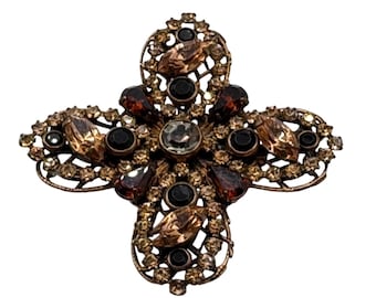 Broche vintage Liz Palacios SF em filigrana de cristal Swarovski, âmbar e tom dourado.