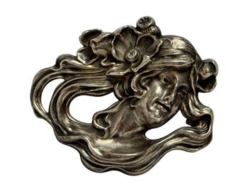 William Kerr Art Nouveau Prata Esterlina Cabelo de Senhora Esvoaçante Pin Vtg 1297 assinado