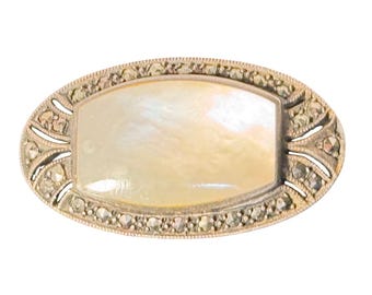 Broche em prata esterlina com marcassita e madrepérola | Alfinete Art Nouveau eduardiano c. 1910