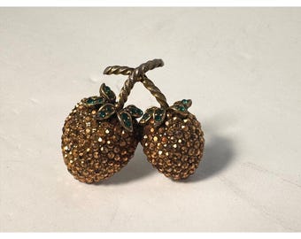Broche Weiss Vintage Dourado Topázio Strass Duplo Morango Folhas Verdes
