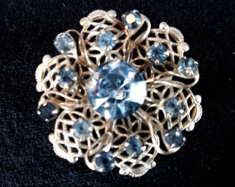 Vintage Mid Century Silver and Blue Rhinestones Pin Brooch