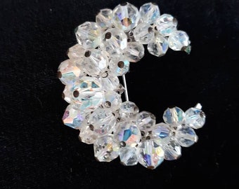 Vintage Irredescent Glass Crystal Bead Crescent Pin Brooch Mid Century 1950's