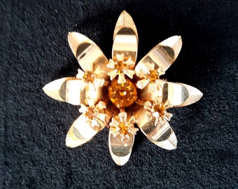 Vintage Mid Century Gold Flower with Amber Rhinestones Pin Brooch