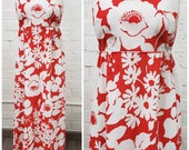 Vintage 60s 70s Marimekko style red floral maxi dress L