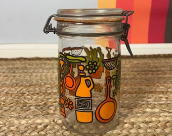 Vintage Mid Century Hermanique Printed Kitchen Storage Locking Jar 1 Liter
