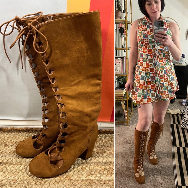 Retro 60s inspired brown faux suede cutout knee boots go go festival 8 8.5