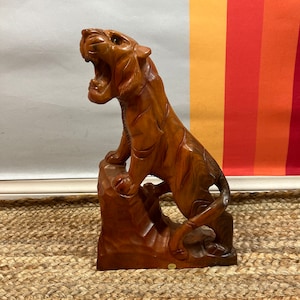 Vintage Mid Century Hand Carved Wooden Tiger Sculpture Korea