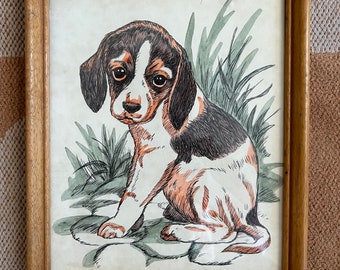 Vintage mid century original framed pen drawing Beagle puppy sad eyes 9” x 11”