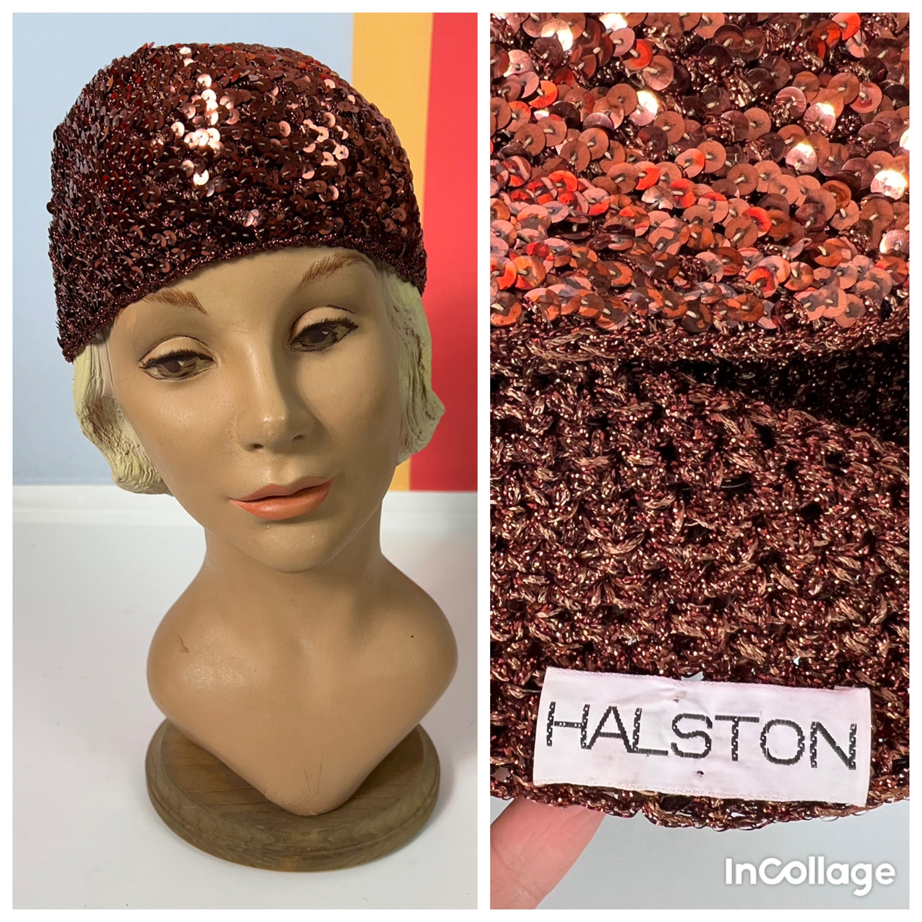 Vtg 70s Halston  Crocheted Sequin Disco Skull Cap Rare 1970s HALSTON Glossy Black Sequin Skull Cap Cloche / S  main image 3