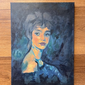 Vintage original acrylic portrait painting of a woman moody 12” x 16”