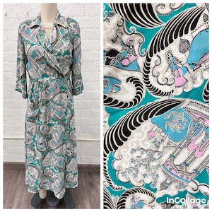 Rare vintage 40s novelty print cold rayon wrap dress M L