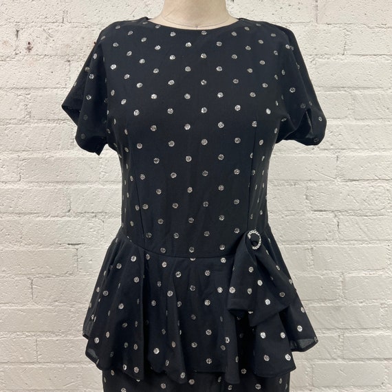 Vintage 80s does 40s black glitter dot peplum dre… - image 2