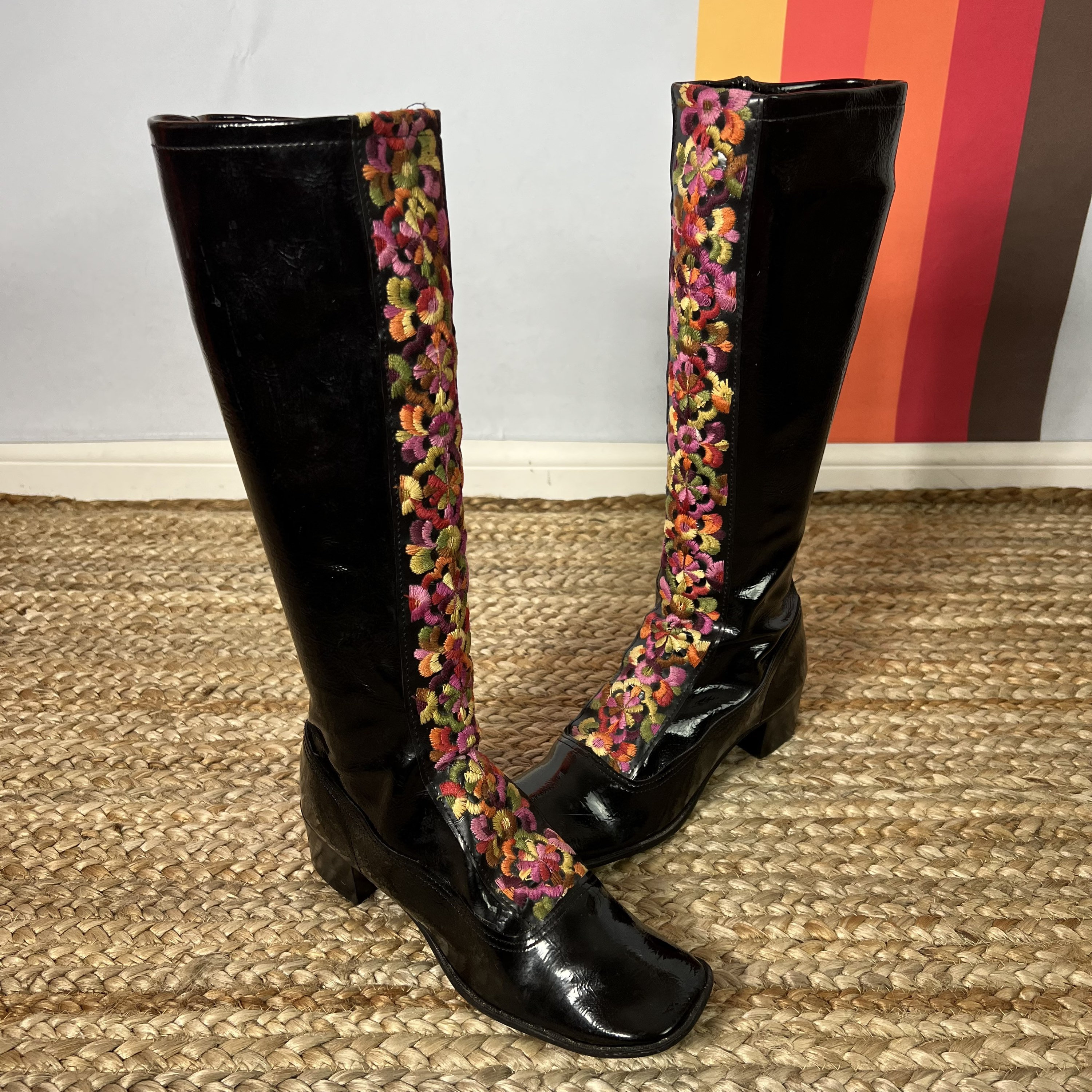 RARE Vintage 60s Black Patent Vinyl Floral Embroidered Tall