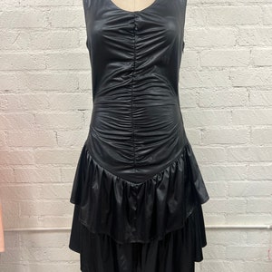 Vintage 80s punk goth black liquid look drop waist ruffle dress S M