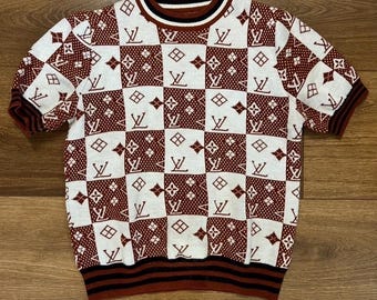 Vintage inspired monogram brown checkerboard sweater top S M