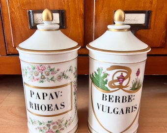 Rare mid century apothecary jars canisters Limoges, France Papav Rhoeas & Berbe Vulgaris