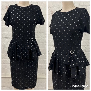 Vintage 80s does 40s black glitter dot peplum dress M