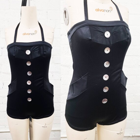 Stunning vintage 40s 50s black satin swimsuit w bu