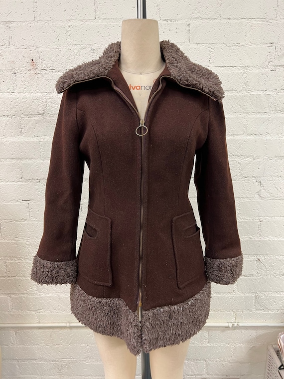 Vintage 60s 70s brown wool Penny Lane fur trimmed… - image 1