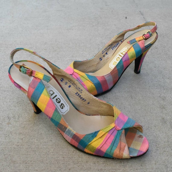 Vintage 50s 60s rainbow plaid silk heels slingback
