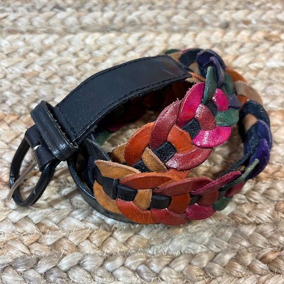 Vintage 80s rainbow multicolor leather woven blac… - image 1