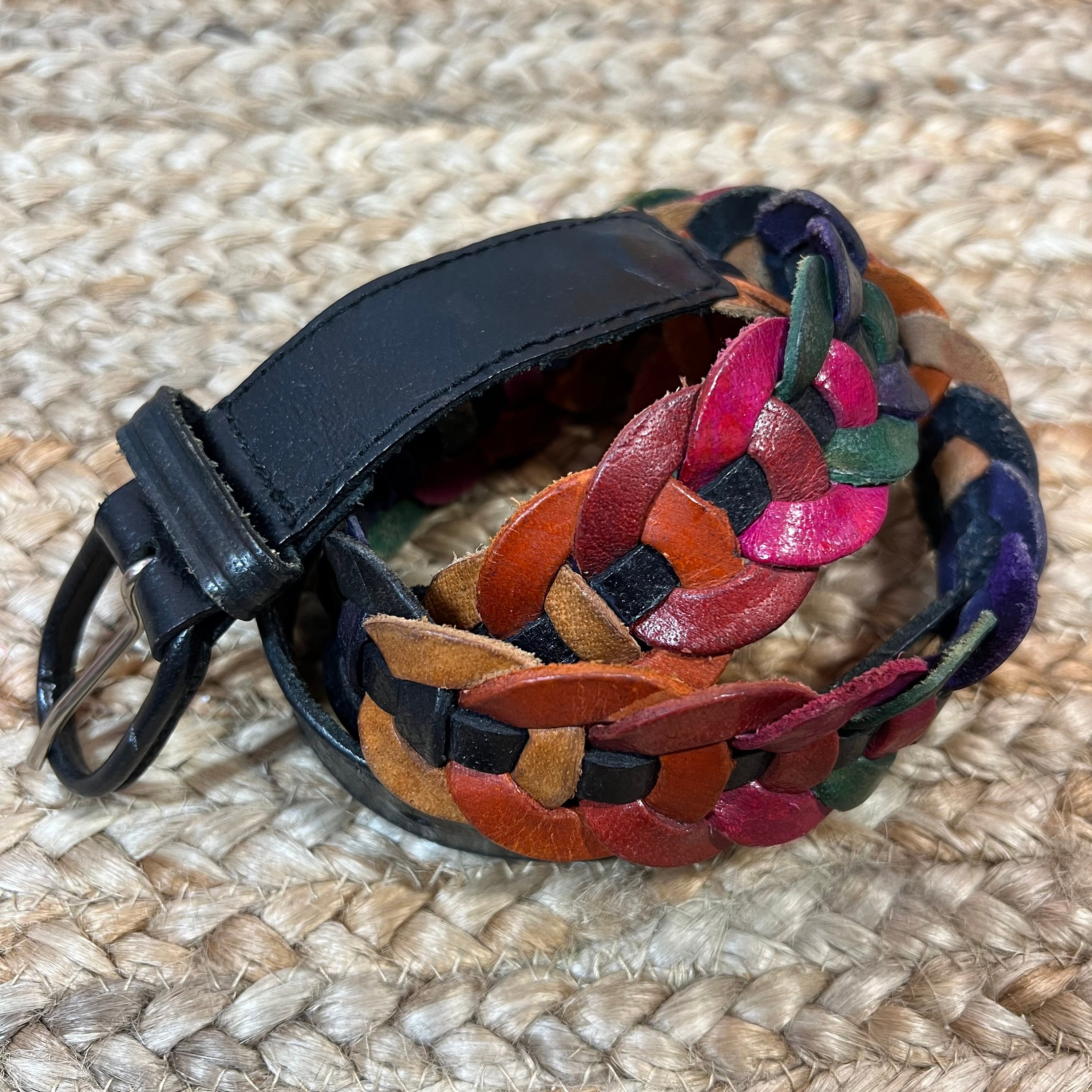Vintage 80s Rainbow Multicolor Leather Woven Black Belt M L  display picture 3