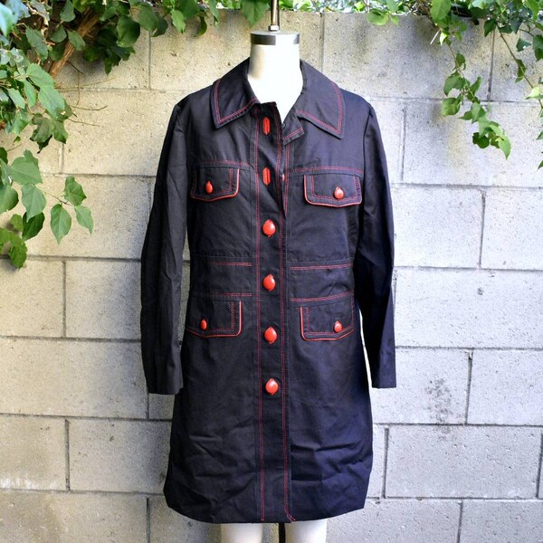 Vintage 70s mod navy red piped British raincoat jacket 14 M L