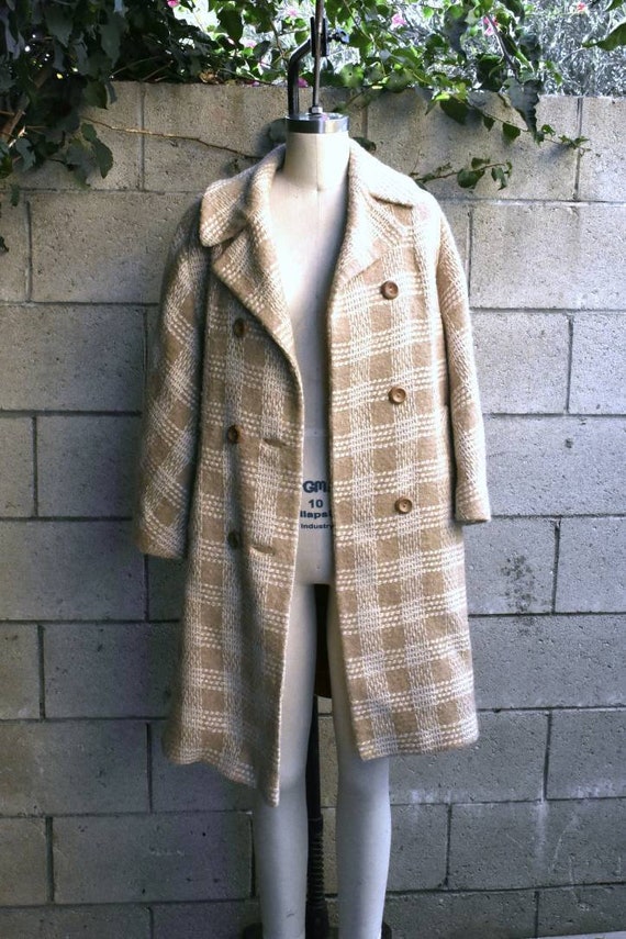 Vintage 50s oversized tan cream wool plaid coat M