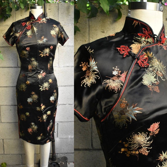 Vintage 50s mid century Chinese Cheongsam black si
