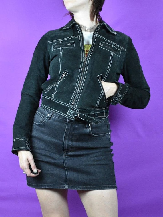 Vintage 90s 00s Paris Blues Black Suede Jacket White Stitching S M Etsy Canada